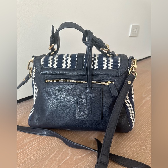 TORY BURCH Medium 797 Satchel | Navy Blue & Cream Woven Satchel - Picture 6 of 12